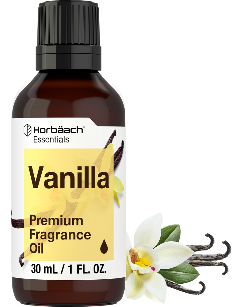 Horbäach Vanilla Premium Fragrance Oil bottle with vanilla flower and pod on a white background