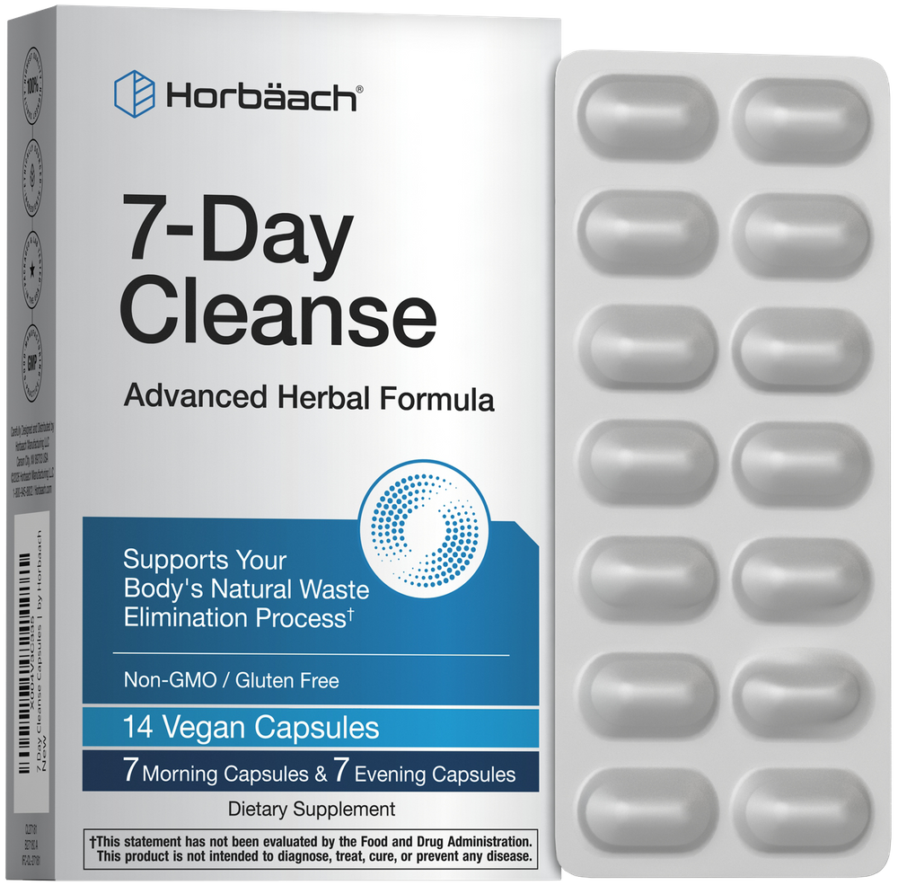 A white blister pack with 14 vegan capsules designed for a 7-Day Cleanse.