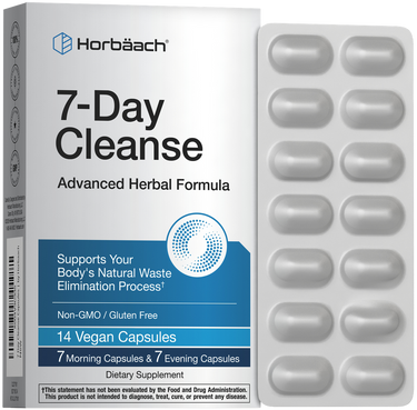 View 1 A white blister pack with 14 vegan capsules designed for a 7-Day Cleanse.