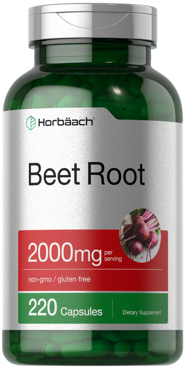 Beet Root supplement bottle with green and silver label on a white background