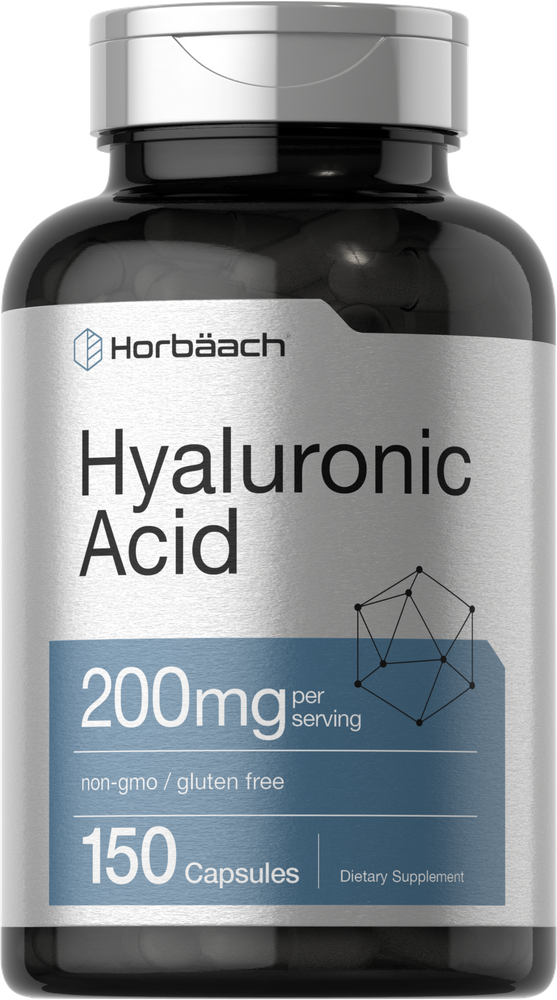 This image shows a bottle containing 150 capsules, each serving providing 200mg of Hyaluronic Acid.