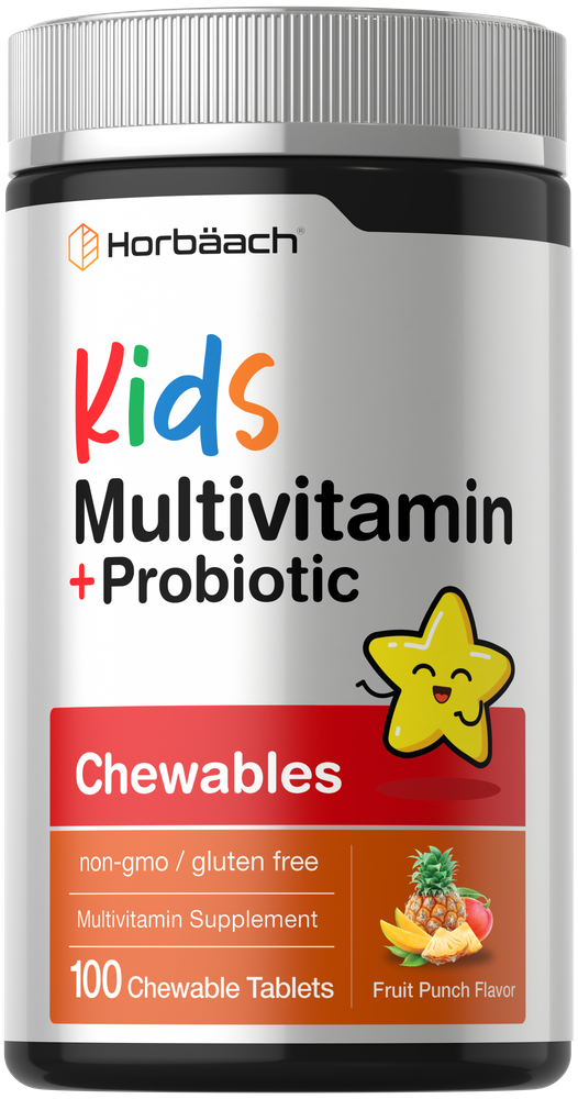 Horbäach Kids Multivitamin + Probiotic Chewables in Fruit Punch Flavor, 100 tablets, non-gmo and gluten-free, shown on hand scale.