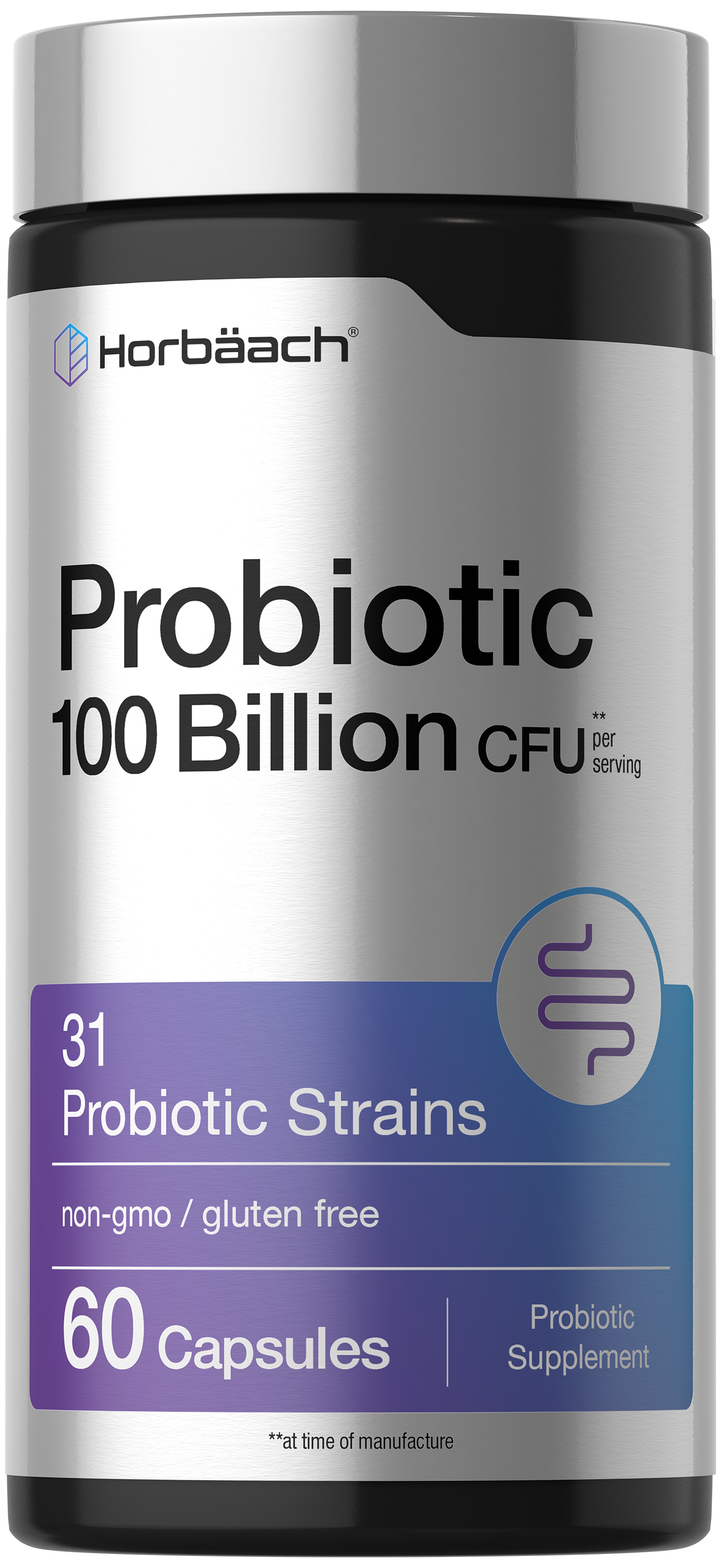 Horbäach Probiotic supplement with 100 Billion CFU, 31 strains, non-GMO, gluten-free, in a bottle of 60 capsules.