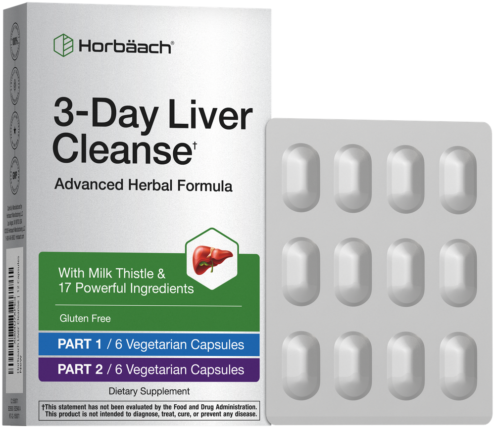 Horbäach 3-Day Liver Cleanse features 12 vegetarian capsules, shown on a hand scale to indicate size and quantity.