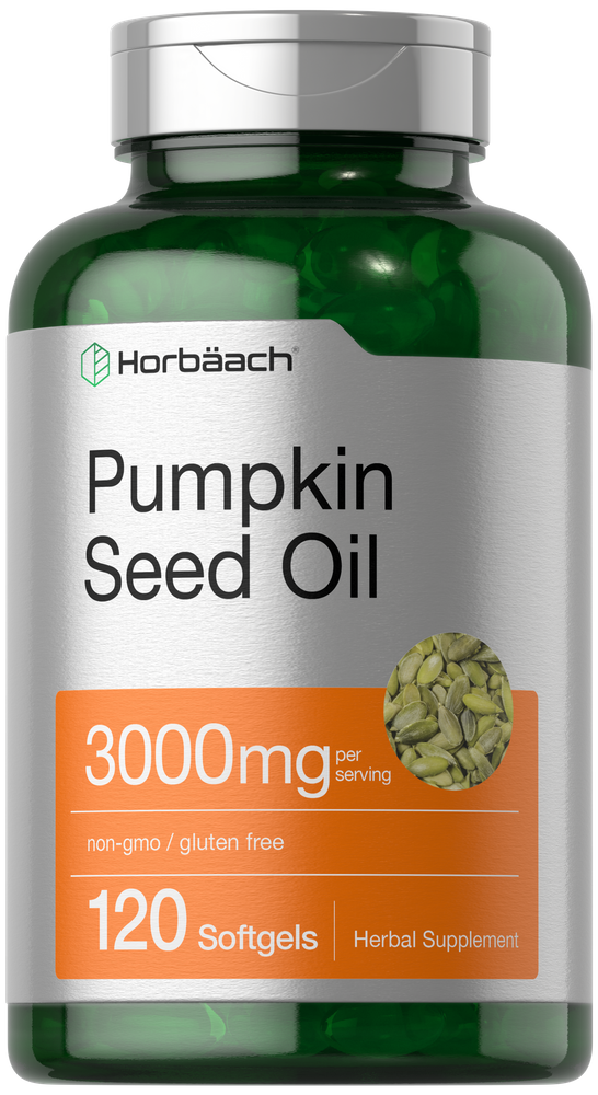 Horbäach Pumpkin Seed Oil, 3000mg per serving, 120 softgels, held on hand scale for size reference.