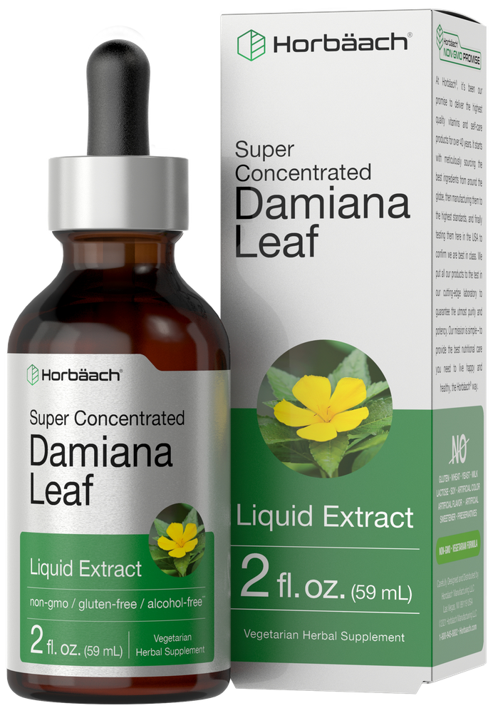 Photo of Damiana Leaf Liquid Extract 2 fl. oz. (59 mL) bottle with its packaging box, shown on a human hand for scale.