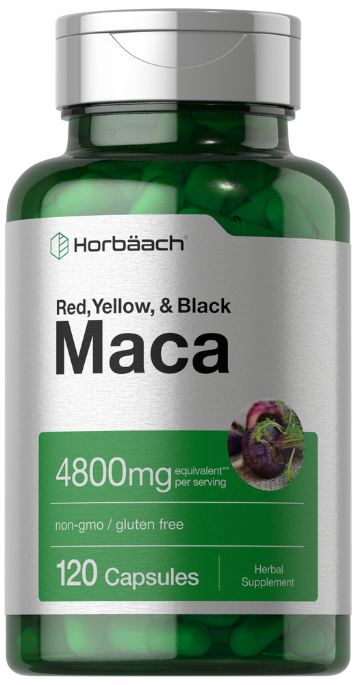 Hand holding PipingRock Maca 4800mg, 120 capsules bottle on a scale, showcasing bulk packaging for health supplements.