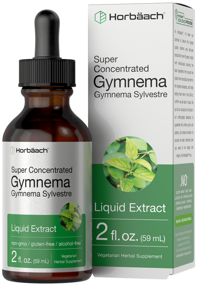 Bottle of Super Concentrated Gymnema Sylvestre Liquid Extract, 2 fl. oz. (59 mL), shown for scale in a hand.