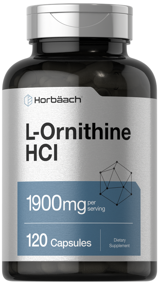 Supplement bottle labeled 'L-Ornithine HCl' with Horbaach branding on a white background