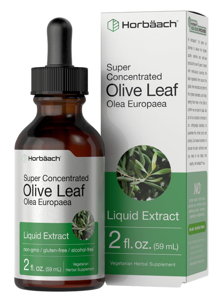 A 2 fl. oz. (59 mL) bottle of Olive Leaf Liquid Extract positioned next to its matching product box.