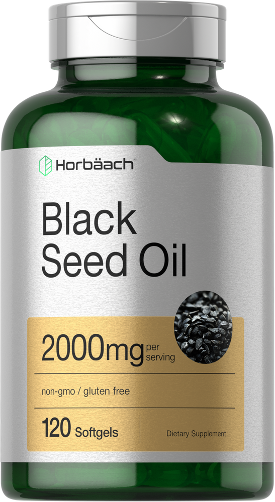 A hand holding a bottle of Black Seed Oil, 2000mg per serving, with 120 softgels.