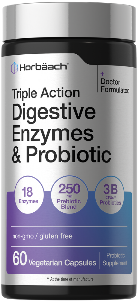 Horbäach Triple Action Digestive Enzymes and Probiotic with 60 Vegetarian Capsules shown on a scale.