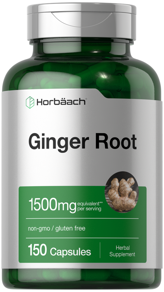 Green supplement bottle labeled 'Ginger Root' with Horbaach branding on a white background