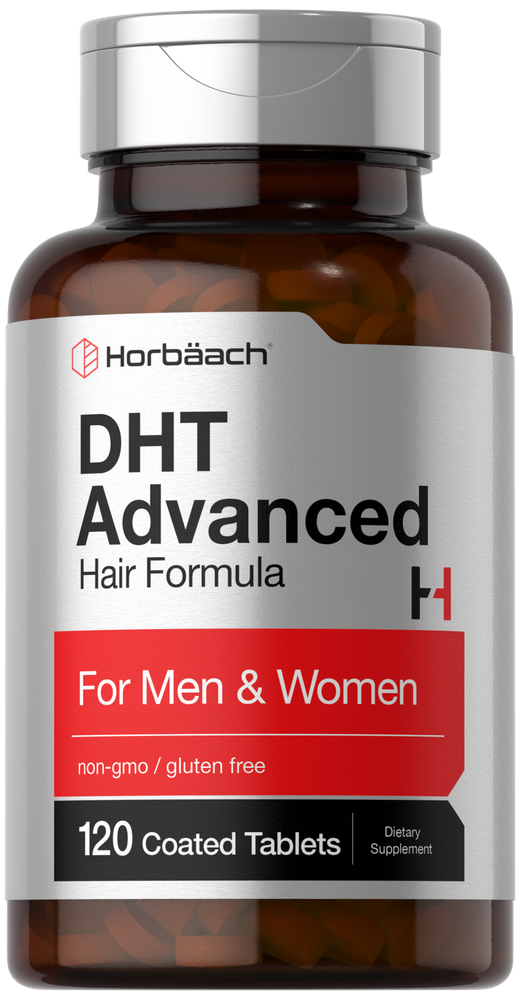 Bottle of DHT Advanced Hair Formula by Horbaach with a silver cap and label.