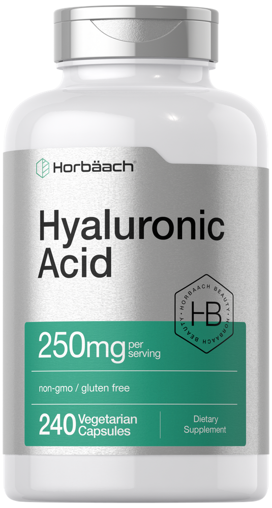 Horbäach Hyaluronic Acid 250mg, 240 vegetarian capsules shown on a hand for size comparison.