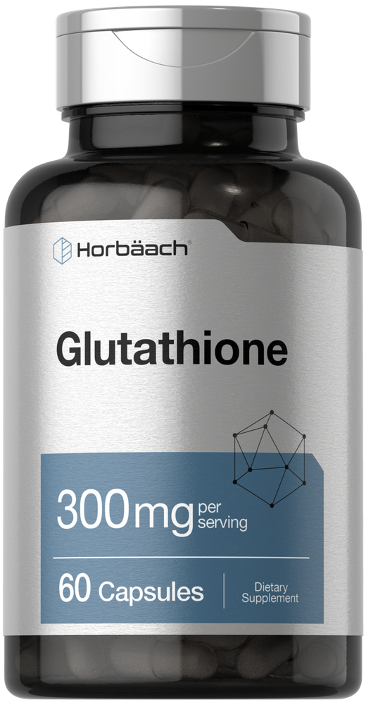 Supplement bottle labeled 'Glutathione 300mg' by Horbaach on a white background