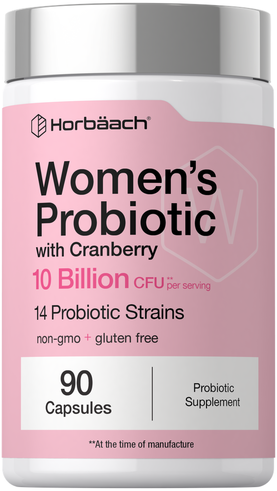 A hand holding a scale with CL Probiotic 10B CFU for women, including cranberry, in 90 vegetarian capsules.