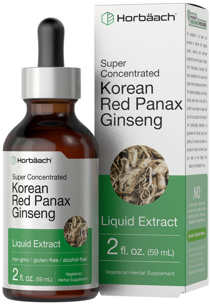 Korean Red Panax Ginseng Liquid Extract, 2 fl. oz. (59 mL) bottle and box shown next to hand for scale.