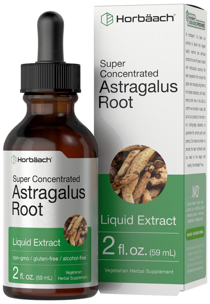 Hand holding a 2 fl. oz. (59 mL) bottle of Astragalus Root Liquid Extract.
