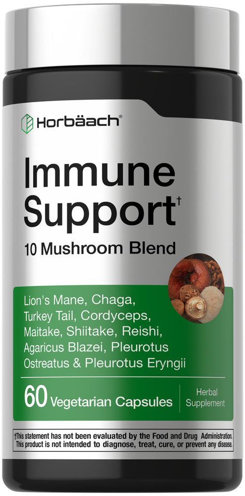 Hand holding a bottle of Immune Support 10 Mushroom Blend, containing 60 vegetarian capsules for wellness.