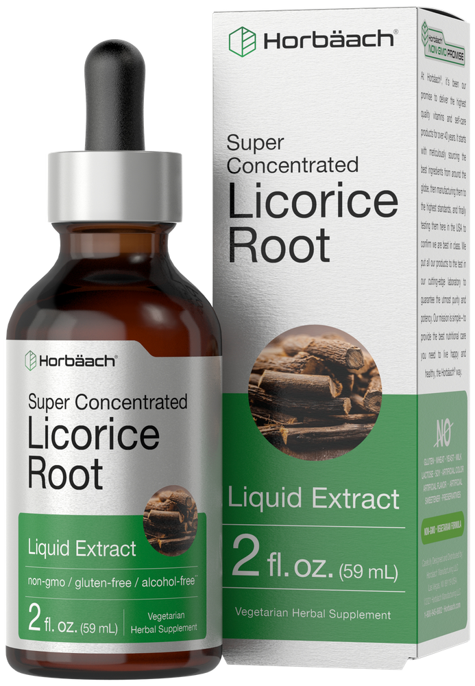 A hand holding Licorice Root Liquid Extract bottle, 2 fl. oz. (59 mL), showcasing its compact and easy-to-use design.