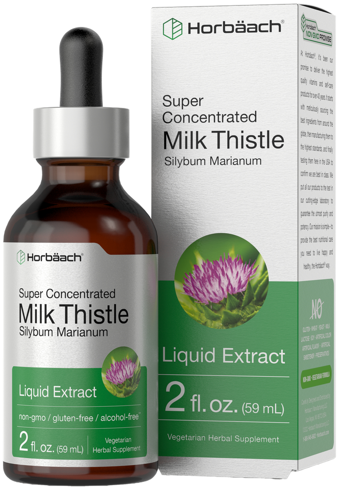 Bottle of Super Concentrated Milk Thistle Silybum Marianum Liquid Extract, 2 fl. oz. (59 mL), shown on a hand for scale.