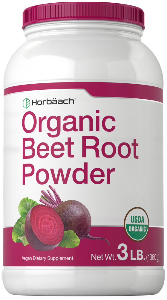 Hand holding a bulk scale with Organic Beet Root Powder, weighing 3 LB (1360 g), showcasing natural health benefits.