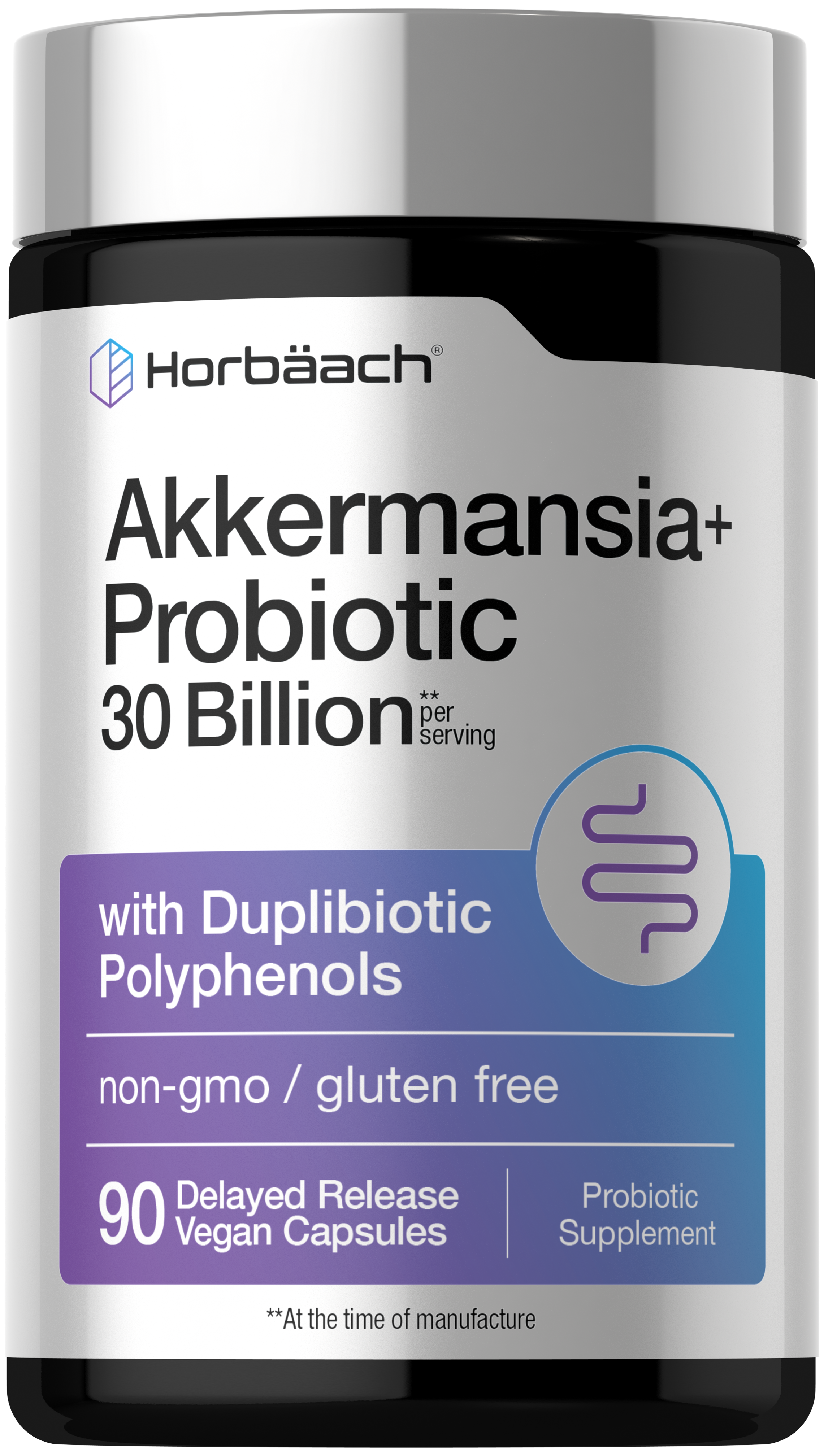 Horbäach Akkermansia+ Probiotic with 30 Billion CFU per serving. Contains 90 delayed release vegan capsules. Non-GMO, gluten-free.