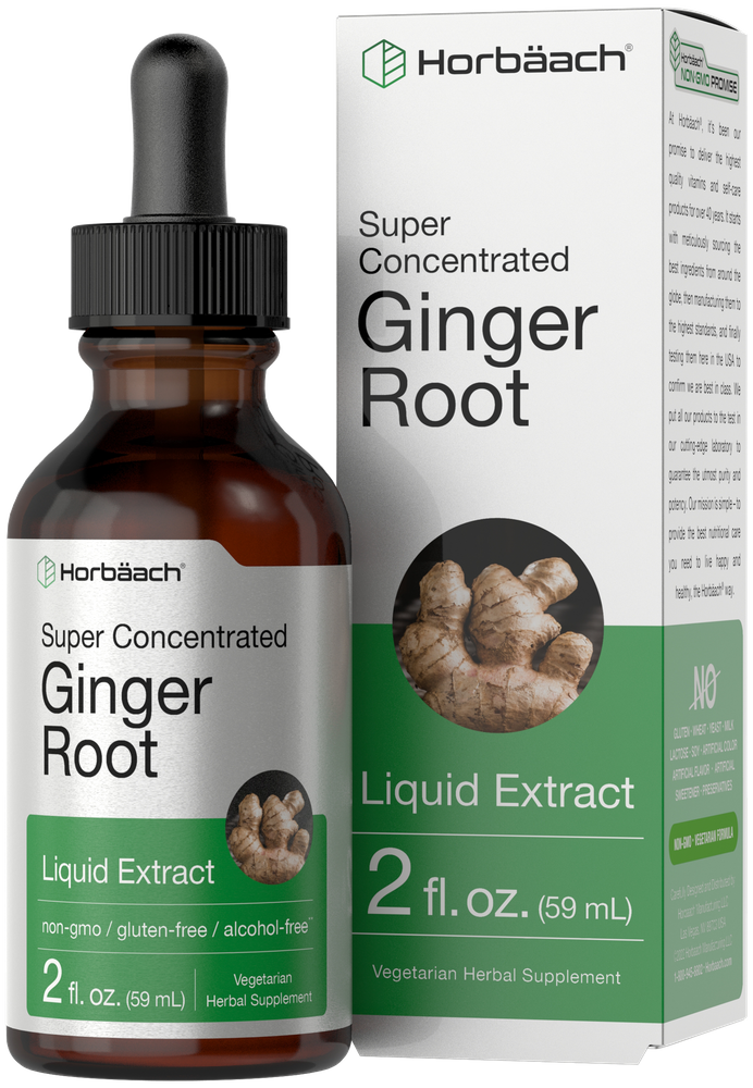 Bottle of Super Concentrated Ginger Root Liquid Extract measuring 2 fl. oz. (59 mL) shown against a hand for scale.