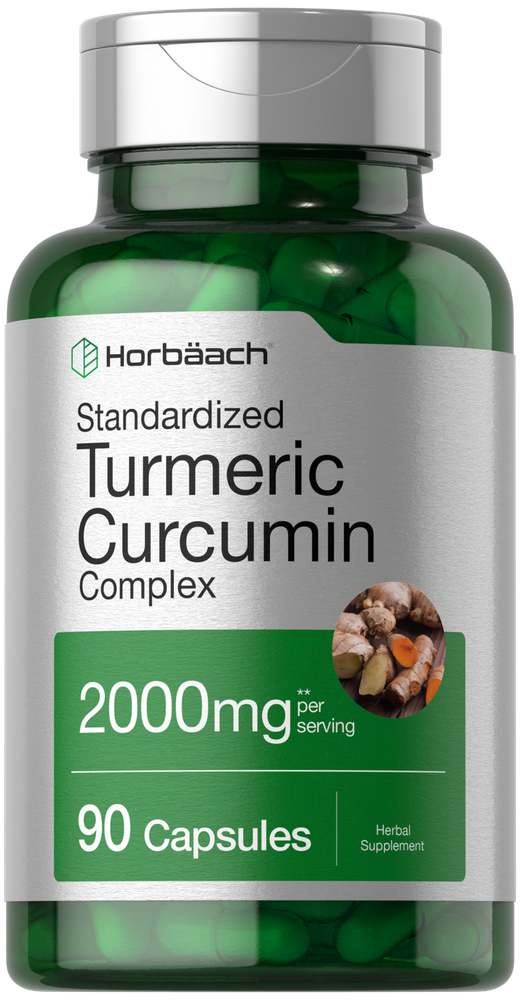 Horbäach Standardized Turmeric Curcumin Complex; 2000mg per serving, 90 capsules shown on a hand scale.