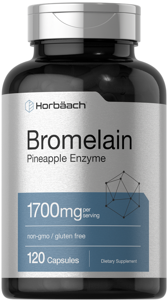 Bromelain Pineapple Enzyme, 1700mg per serving, 120 capsules, non-GMO and gluten-free bottle shown in hand.