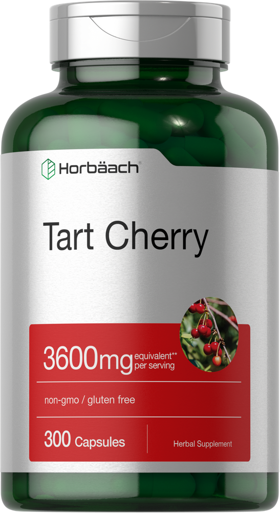 Horbaach Tart Cherry supplement bottle with green and red label