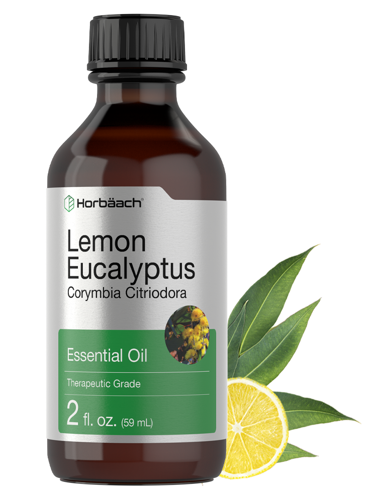 Bottle of Lemon Eucalyptus essential oil with a lemon and eucalyptus leaves on a white background
