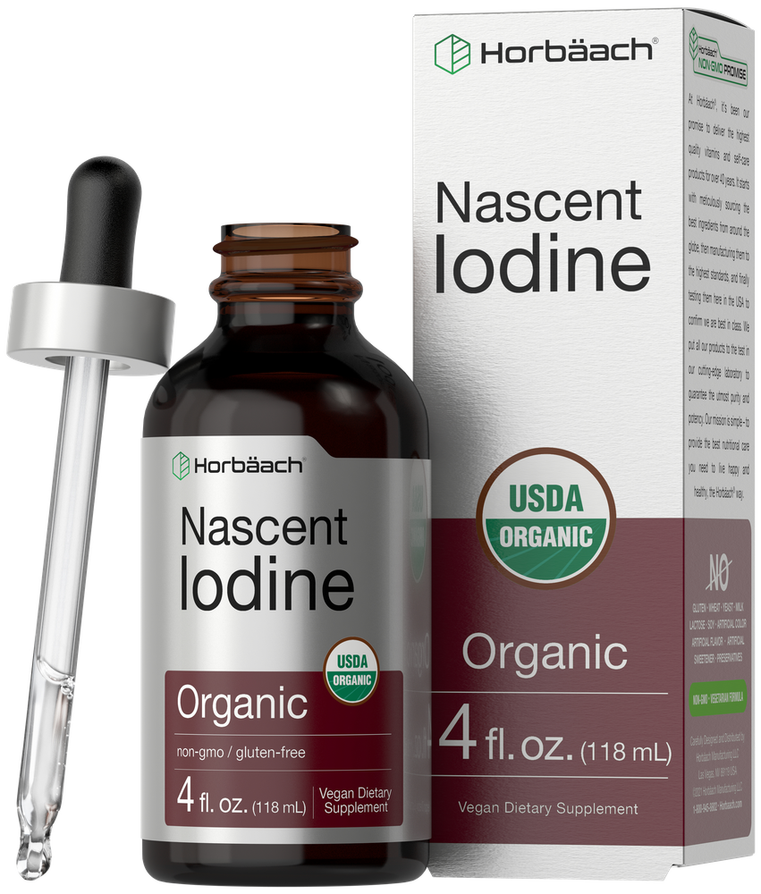 Horbaach Nascent Iodine supplement bottle and packaging on a white background