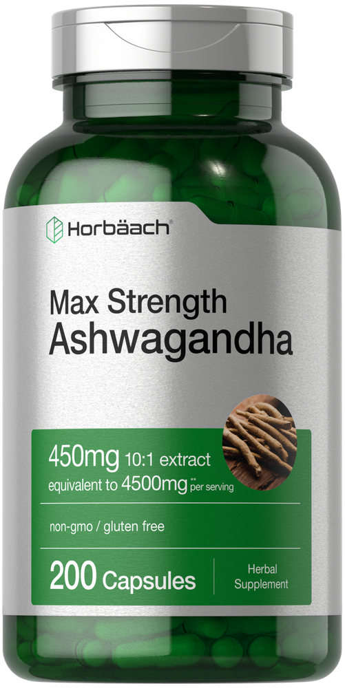 Hand holding 200 capsules of Horbäach Max Strength Ashwagandha, depicting supplement quantity.