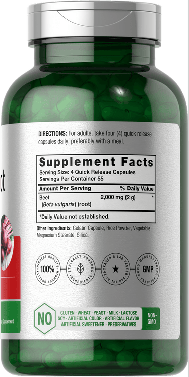 View 2 Beet Root Quick Release Capsules offer 2000 mg per 4-capsule serving.