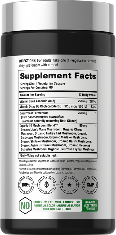 View 2 CL Immune 10 Mushroom supplement with 60 vegetarian capsules shown on a hand scale.
