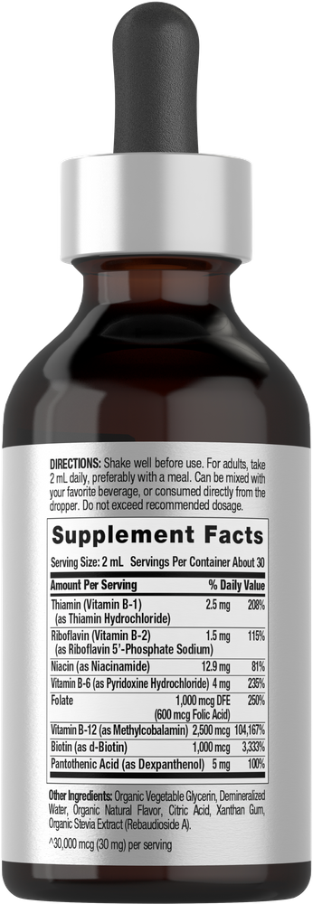View 2 A 2 oz dropper bottle of 8-in-1 B-Complex Liquid supplement.