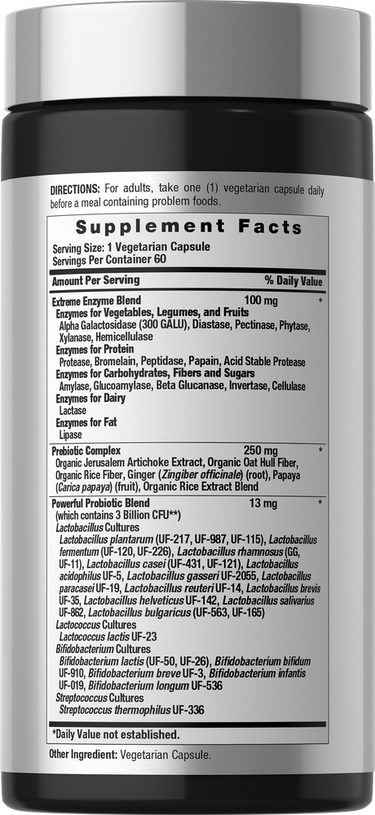 View 2 Supplement Facts panel for Digestive Enzymes + Probiotics 60 Veg Capsules.