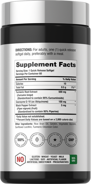 View 2 Quick Release Softgel with 500mg Turmeric Root Extract, 100mg Coenzyme Q-10, and 5mg Black Pepper Extract.