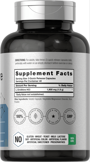 View 2 L-Ornithine 1900mg per serving | 120 Capsules