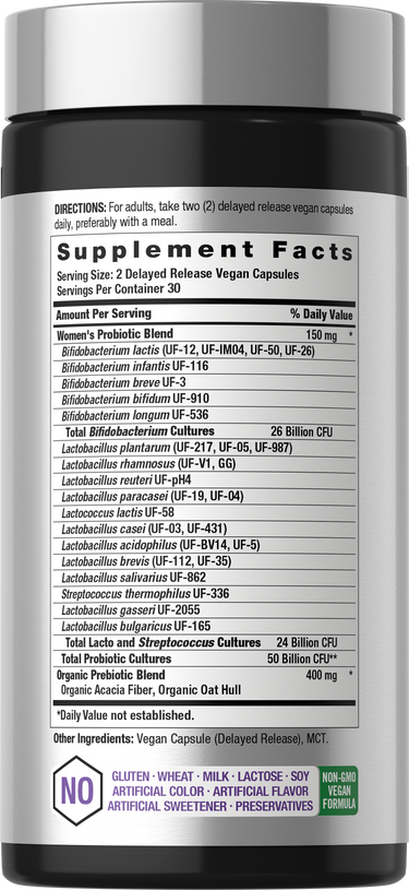 View 2 Women's Probiotic 50 Billion CFU in a bottle with 60 delayed release vegan capsules.