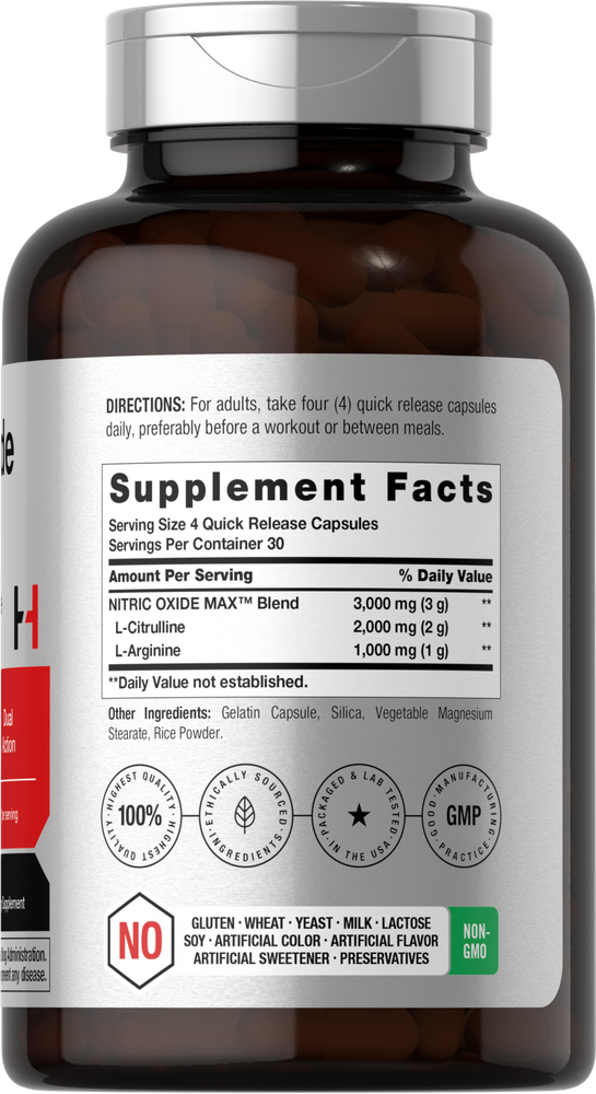 Hand holding Horbaach NO Boost 3000 mg Quick Release Capsules, showing product size for scale.