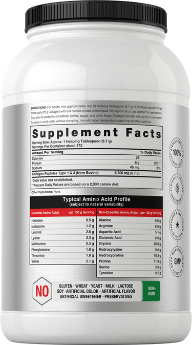 Supplement container with detailed nutritional information.