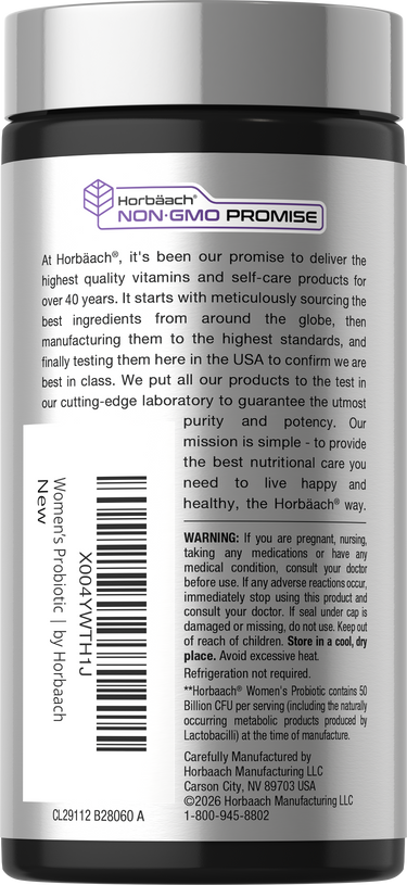 View 3 Horbaach Women's Probiotic 50 Billion CFU 60 Capsules bottle featuring a NON-GMO PROMISE logo on the label.