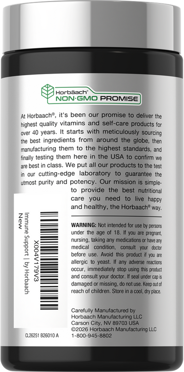 View 3 Product label for CL Immune 10 Mushroom 60 Capsules, showing Horbaach Non-GMO Promise and full product details.