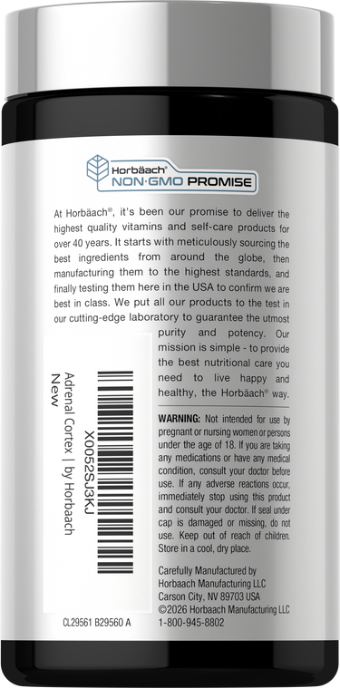 View 3 Horbäach Adrenal Cortex bottle showing 120 capsules with non-GMO promise.