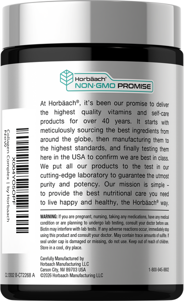 View 3 Horbäach CL Collagen Complex Plus 90 Tablets jar with a white label displaying 'NON·GMO PROMISE' and brand messaging.