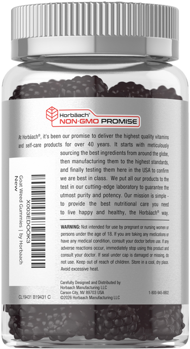 View 3 Horbaach Horny Goat Weed 60 Gummies with a 'NON-GMO PROMISE' label prominently displayed on the front.