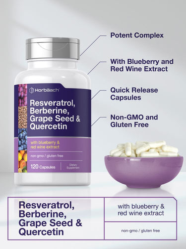 Resveratrol Berberine Grape Seed & Quercetin | with Blueberry & Red Wine Extract | 120 Capsules